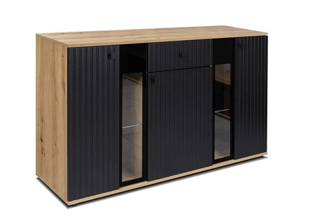 Komoda z szufladą Senja 140 cm dąb artisan / czarna elegancki design ozdobny ryflowany front z metalowym uchwytem
