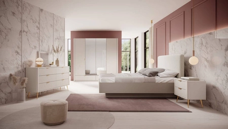 Komoda z szufladami Lante 163 cm beżowa elegancki design owalny kształt komody osadzona na wysokich nogach gustowny ryflowany front