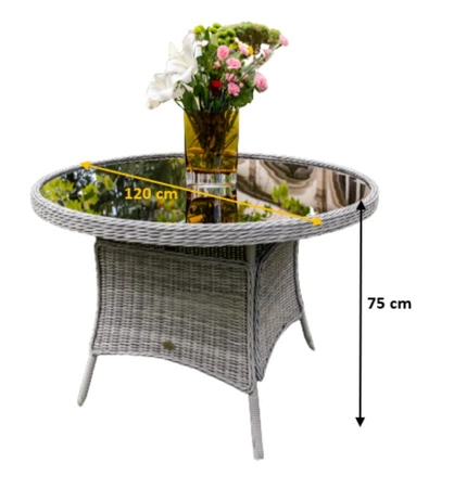 Stół ogrodowy Moderno 120 cm jasny szary stylowy design okrągły stół ogrodowy szklany blat wykonanie z wytrzymałego technorattanu