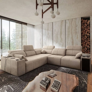 Narożnik z funkcją spania Tesalia III beżowy prawostronny komfortowy narożnik z przesuwanym oparciem dwa pojemniki na pościel