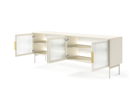 Szafka RTV Lumi 181 cm beżowa designerska stylistyka szafki pod telewizor z przeszklonymi frontami i klimatycznym oświetleniem ledowym