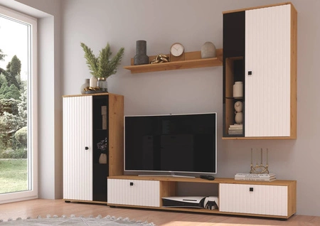 Zestaw mebli Senja dąb artisan / biały nowoczesny design ozdobne ryflowane fronty z metalowymi uchwytami