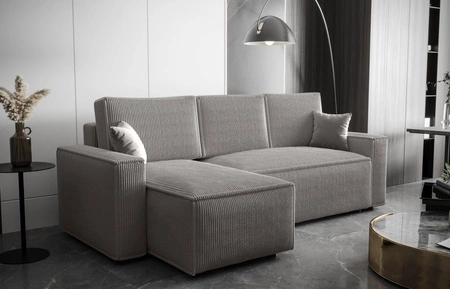 Narożnik z funkcją spania Nelo jasny szary lewostronny praktyczny i nowoczesny narożnik pokryty sztruksową tkaniną pojemnik na pościel
