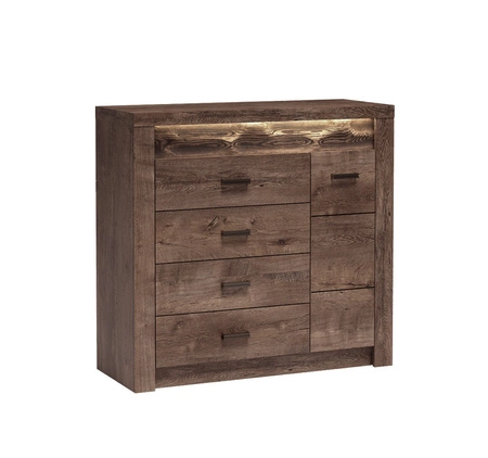Komoda z szufladami Indiana 108 cm jesion ciemny elegancka stylistyka komody ozdobna deska na froncie komody oświetlona LED