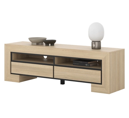 Szafka RTV Cuba 160 cm dąb samdal gustowna stylistyka szafki wzbogacona o stylowe czarne dodatki idealna do salonu frezowane uchwyty