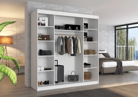 Szafa przesuwna Esteva 200 cm biała praktyczna i pojemna szafa do sypialni fronty wykończone poziomymi srebrnymi listwami