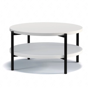 Stolik kawowy okrągły 84 cm Sampi biały z dodatkową półką lekki design solidna metalowa podstawa idealny stolik do każdej aranżacji
