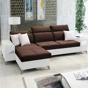 Narożnik z funkcją spania Elgin brązowy / biały lewostronny narożnik z regulowanymi zagłówkami praktyczne szuflady w boczkach mebla