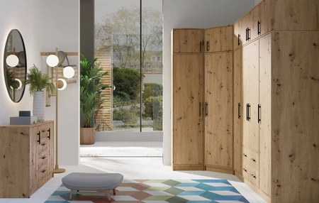 Komoda z szufladami Caspe 140 cm dąb artisan nowoczesny design mebla obrzeża komody wykończone specjalną okleiną ABS