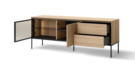 Szafka RTV Visso 167 cm dąb linearny nowoczesny design i wysoka jakość wykonania szafka z przeszklonym frontem i oświetleniem LED