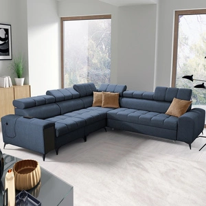 Narożnik z funkcją spania Bolmso III niebieski lewostronny narożnik z pojemnikami na pościel szuflada z pełnym wysuwem w boczku mebla