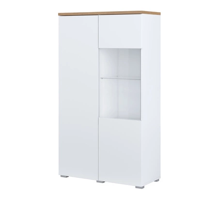 Witryna niska Modo 80 cm biała / dąb mauvella elegancka witryna prosta bryła idealna do każdego wnętrza elementy z bezpiecznego szkła hartowanego