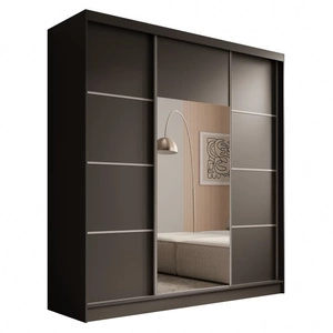 Szafa przesuwna z lustrem Keri 200 cm czarna funkcjonalna szafa do nowoczesnego wnętrza dekoracyjne srebrne listwy wewnętrzne szuflady