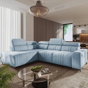 Narożnik z funkcją spania Castel VII błękitny lewostronny stylowy narożnik z pojemnikiem na pościel i regulowanymi zagłówkami