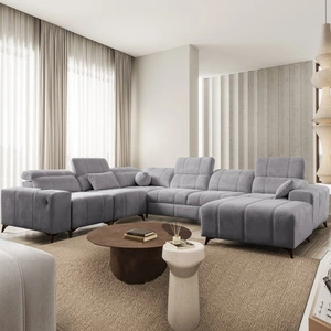 Narożnik z funkcją spania Penejos VIII jasny szary prawostronny stylowy narożnik rozkładany wykonany z wytrzymałej tkaniny