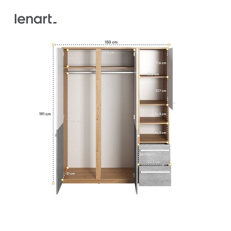 Szafa Plano 150 cm dąb nash / biały / beton nowoczesny design szafy z szufladami idealna do pokoju młodzieżowego modna kolorystyka