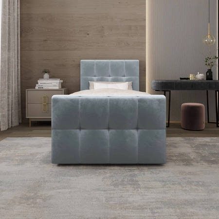 Łóżko kontynentalne Manhattan 100x200 turkusowe w nowoczesnym skandynawskim stylu z tapicerowanym zagłówkiem i zanóżkiem łóżko z pojemnikiem