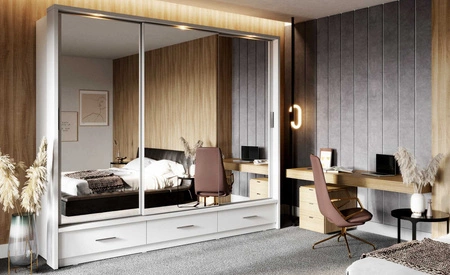 Szafa przesuwna z lustrem Arti 250 cm biała funkcjonalna szafa do przedpokoju z szufladami duże lustra podkreśla oświetlenie LED