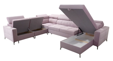 Narożnik z funkcją spania Nausa VII butelkowa zieleń prawostronny elegancki narożnik do salonu wykonany z miękkiej tkaniny typu velvet