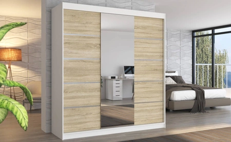 Szafa przesuwna z lustrem Bergen 200 cm biały / dąb sonoma jasny klasyczna forma dekoracyjne listwy na frontach szafy do przedpokoju