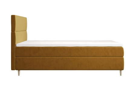 Łóżko kontynentalne Bing 100x200 musztardowe w nowoczesnym skandynawskim stylu z tapicerowanym zagłówkiem łóżko z pojemnikiem
