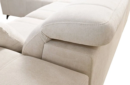 Narożnik z funkcją spania Penejos VII kremowy lewostronny stylowy narożnik z pojemnikiem na pościel wygodne regulowane zagłówki