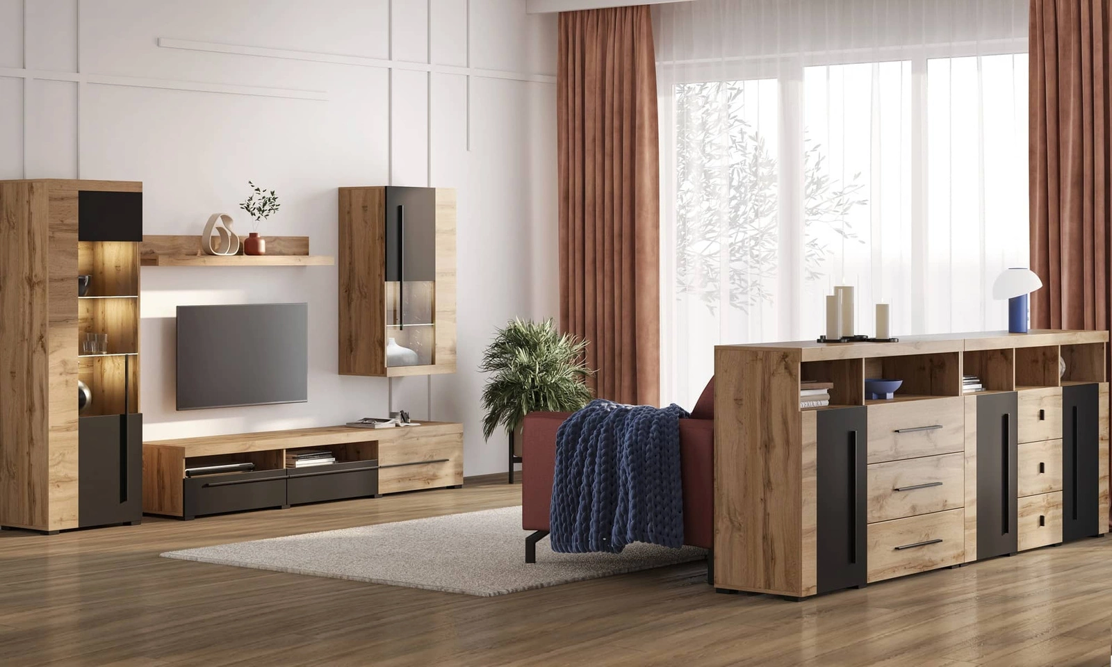 Zestaw mebli do salony Roger w kolorze dąb wotan / czarny