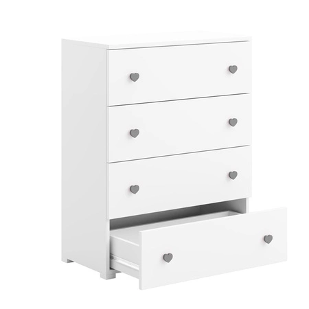 Komoda z szufladami Emily 80 cm biała wyjątkowo stylowa komoda do pokoju dziecięcego z szarymi uchwytami w kształcie serca