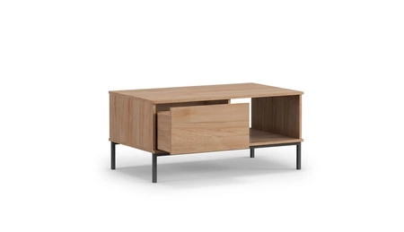 Zestaw mebli Tutti biały prosta forma meblościanki bryły wsparte na metalowej czarnej podstawie bezuchwytowy system push to open