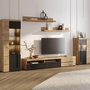 Meblościanka Roger dąb wotan / czarny gustowna stylistyka mebli wzbogacona o stylowe czarne dodatki idealna meblościanka do pokoju dziennego