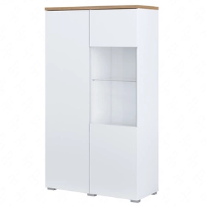 Witryna niska Modo 80 cm biała / dąb mauvella elegancka witryna prosta bryła idealna do każdego wnętrza elementy z bezpiecznego szkła hartowanego