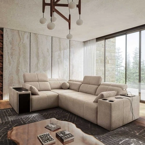 Narożnik z funkcją spania Tesalia II beżowy lewostronny komfortowy narożnik do salonu z przesuwanym oparciem pojemnik na pościel