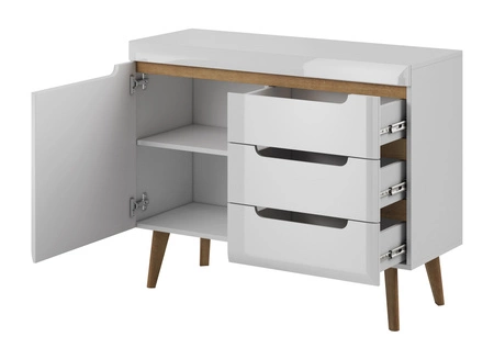 Komoda z szufladami Atka 107 cm biała / biały połysk / dąb riviera nowoczesny design mebla obrzeża komody wykończone specjalną okleiną ABS