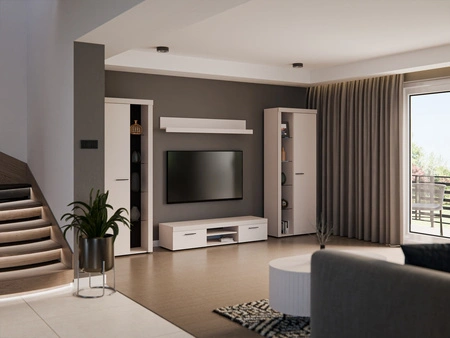 Meblościanka Rene XL beż piaskowy doskonała meblościanka dla miłośników nowoczesnych aranżacji o eleganckim charakterze