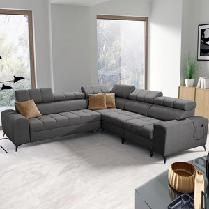 Narożnik z funkcją spania Bolmso III grafitowy prawostronny narożnik z pojemnikami na pościel szuflada z pełnym wysuwem w boczku mebla