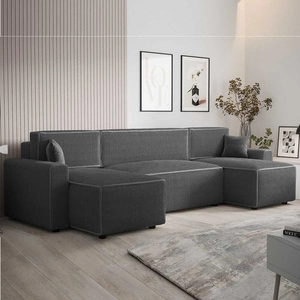 Narożnik z funkcją spania Brandon U Bis szary pojemnik na pościel trójwymiarowa tkanina o wyrazistych prążkach miękkie podłokietniki