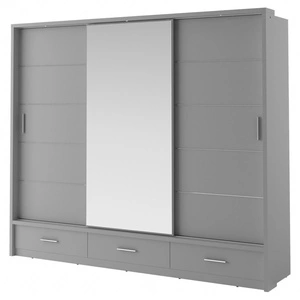 Szafa przesuwna z lustrem Arti 250 cm szara estetycznie wykonana szafa do sypialni wzbogacona oświetleniem LED pojemne szuflady