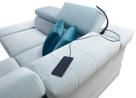 Narożnik z funkcją spania Rava III lawendowy róż lewostronny velvet komfortowy narożnik z regulowanymi zagłówkami i pojemnikiem na pościel