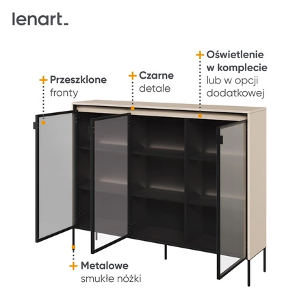 Komoda Trend 150 cm beżowa designerski przeszklony front klimatyczne oświetlenie w postaci paska led pod górnym blatem