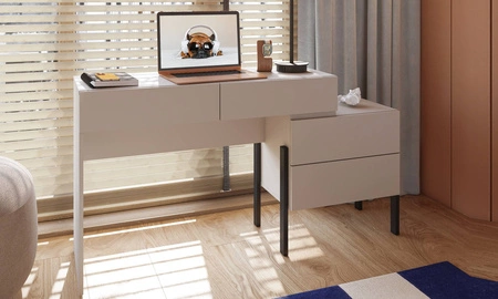 Biurko z komodą Jukon S 143 cm beżowe elegancka forma mebla w nowoczesnym stylu system otwierania push to open metalowe czarne nogi