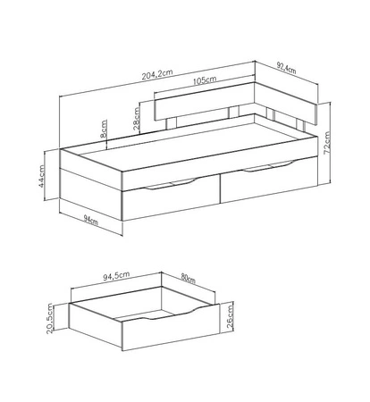 Łóżko z szufladami Epsilon 90x200 cm beton / białe / dąb nowoczesny design łóżka obrzeża wykończone specjalną okleiną ABS