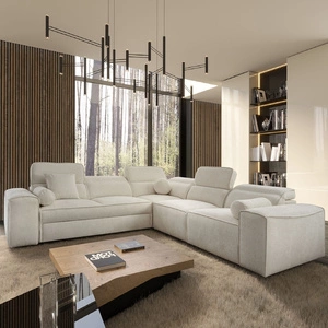 Narożnik z funkcją spania Viano III kremowy prawostronny stylowy narożnik z pojemnikami na pościel doskonały do nowoczesnych wnętrz