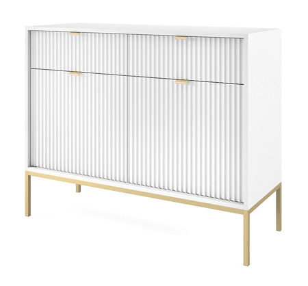 Komoda z szufladami Lovro 104 cm biała nowoczesny design zachwyci miłośników wyrazistych wnętrz komoda wzbogacona o złote dodatki
