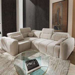 Narożnik z funkcją spania Cetara II beżowy lewostronny stylowy design przesuwane oparcia regulowane zagłówki i pojemnik na pościel