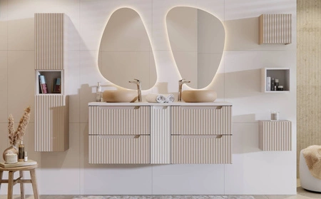 Szafka pod umywalkę Nova 80 cm beżowa designerska szafka z ryflowanymi frontami i frezowanymi uchwytami pojemne szuflady