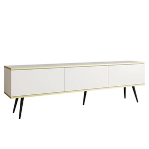 Szafka RTV Luxury 175 cm biała elegancki design korpus zwieńczony złotą listwą szafka wsparta na czarnych metalowych nogach