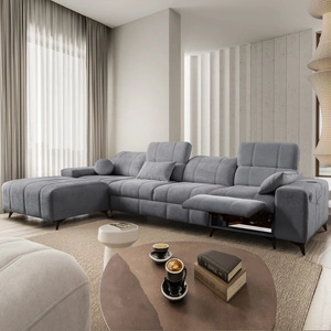 Narożnik z funkcją spania Penejos XII Lux szary lewostronny stylowy narożnik rozkładany z komfortowym wysuwanym podnóżkiem