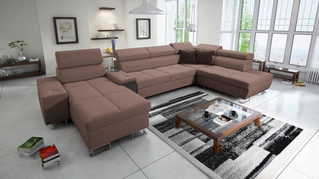 Narożnik z funkcją spania Dafni V jasny brąz lewostronny pleciony wygodny i komfortowy narożnik z regulowanymi zagłówkami