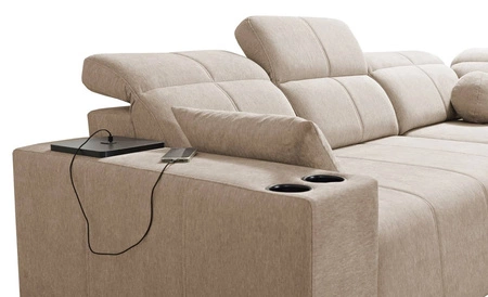 Narożnik z funkcją spania Tesalia II Lux miodowy prawostronny wygodny narożnik z przesuwanym oparciem oraz wysuwanym podnóżkiem