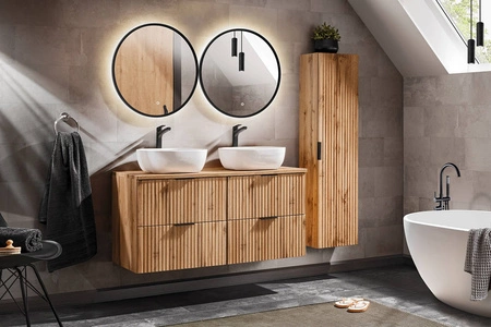 Zestaw mebli łazienkowych Adeel dąb wotan nowoczesny design zestaw z szafkami pod umywalki nablatowe meble odporne na działanie wilgoci